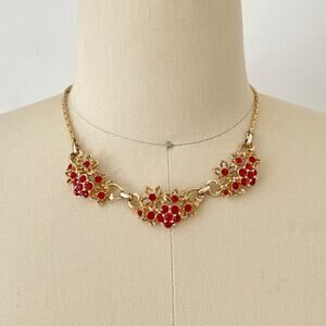Vintage Red Rhinestone Floral Gold Tone Costume Choker Necklace